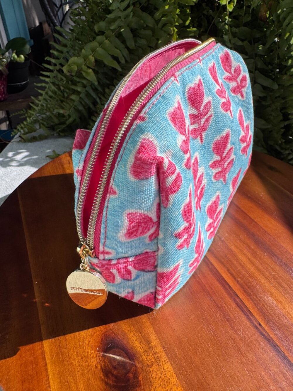 Estee Lauder Pink Blue Leaf Floral Print Cosmetic Makeup Bag Pouch